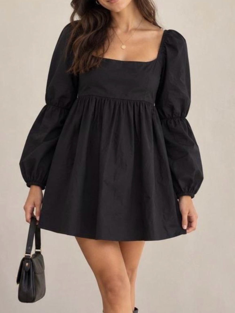 Reformation Michaela Black Puff Sleeve Babydoll Mini Dress